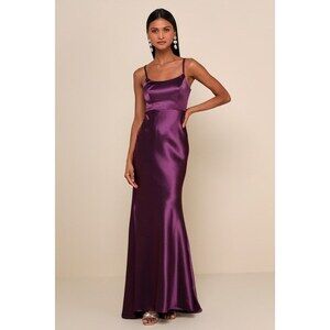 Lulus Make You Shine Dark Purple Satin Mermaid Maxi Dress - Size S